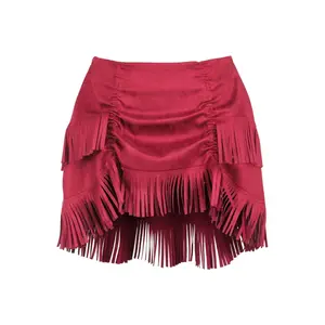 Red Suede Ruched Bustle Skirt w/Fringe