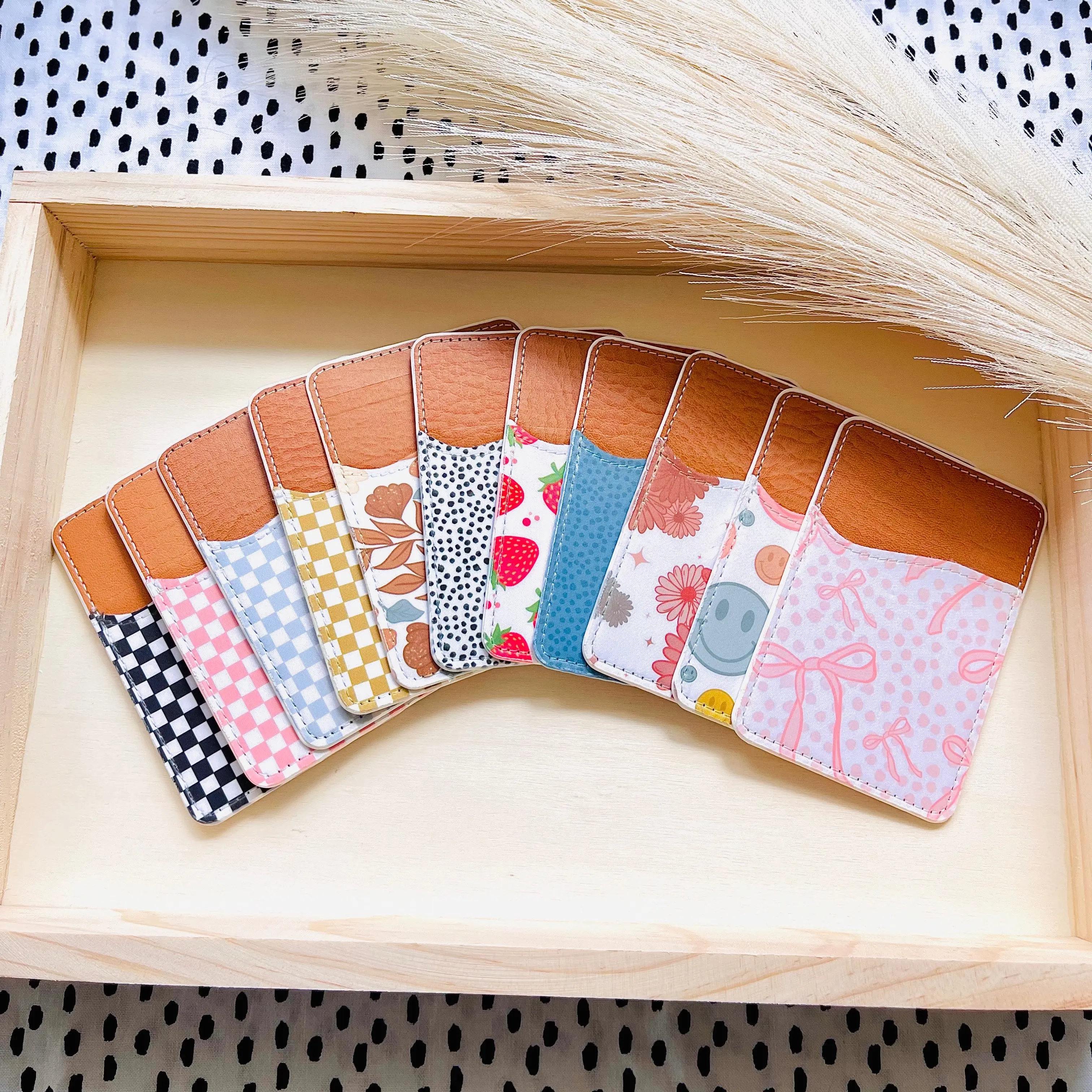 Phone Card Holder | Boho Stick On Card Holder | Checkered Case | Caddy | Retro Card Wallet Accessories Custom Leather Smartphone Cellphone Cellular