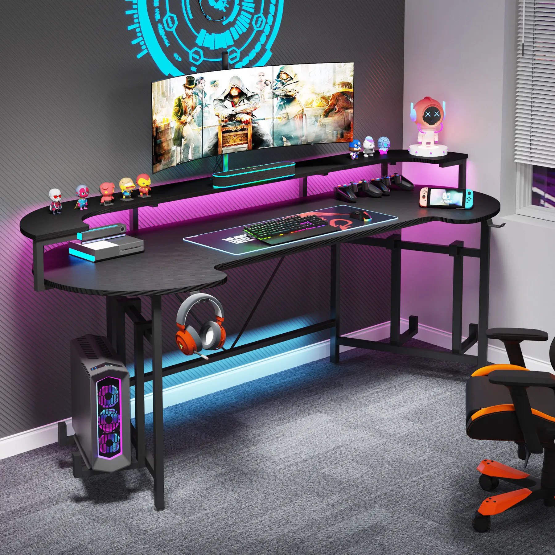 Tribesigns 75 Inch Gaming Desk with with LED Strip Lights, Large PC Computer Desk with Monitor Shelf, Gaming Table Gamer Desk for Bedroom, Home Office