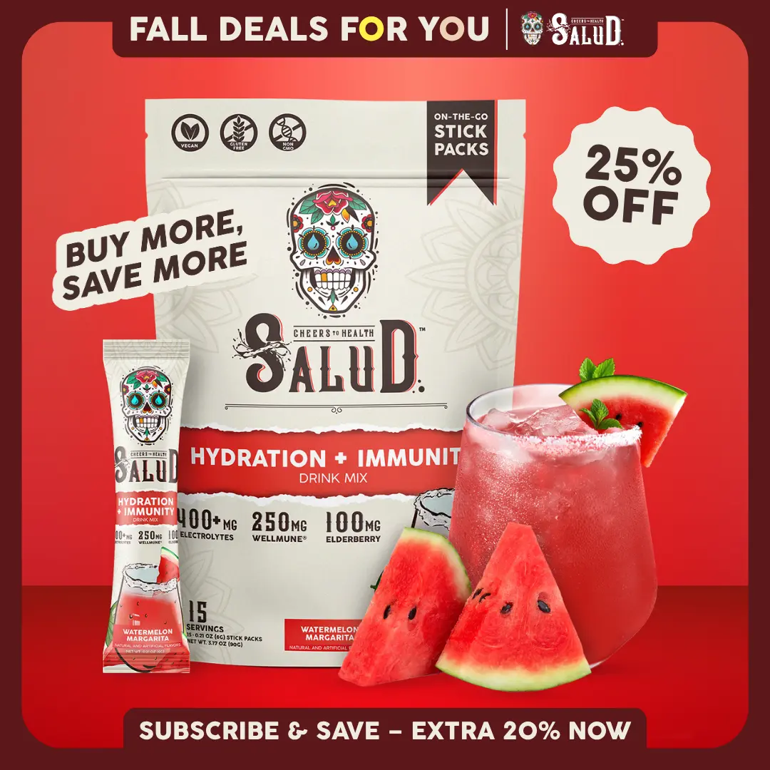 Salud 2-in-1 [Hydration + Immunity - Watermelon Margarita] Electrolytes Powder, Agua Fresca Drink Mix, Elderberry, Dairy & Soy Free, Non-GMO, Gluten Free, Vegan, Low Calorie, 1g Sugar (15 Servings)
