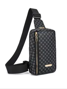 Vintage Print PU Fabric Lightweight Chest Bag, Unisex Phone Pouch, Casual Asymmetrical Design, Suitable for Work School Travel, Zipper Fanny Pack