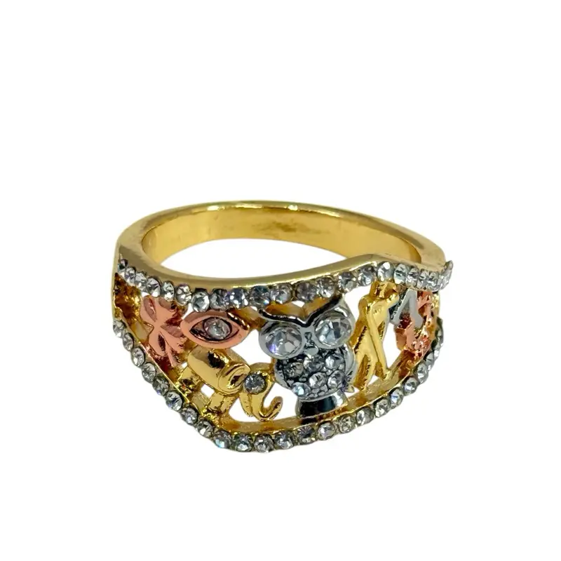 18k Gold Plated Good Luck Sign Ring - Owl & Elephant Design with Clear Stones, Unisex Casual Costume Jewelry for Birthday, Christmas