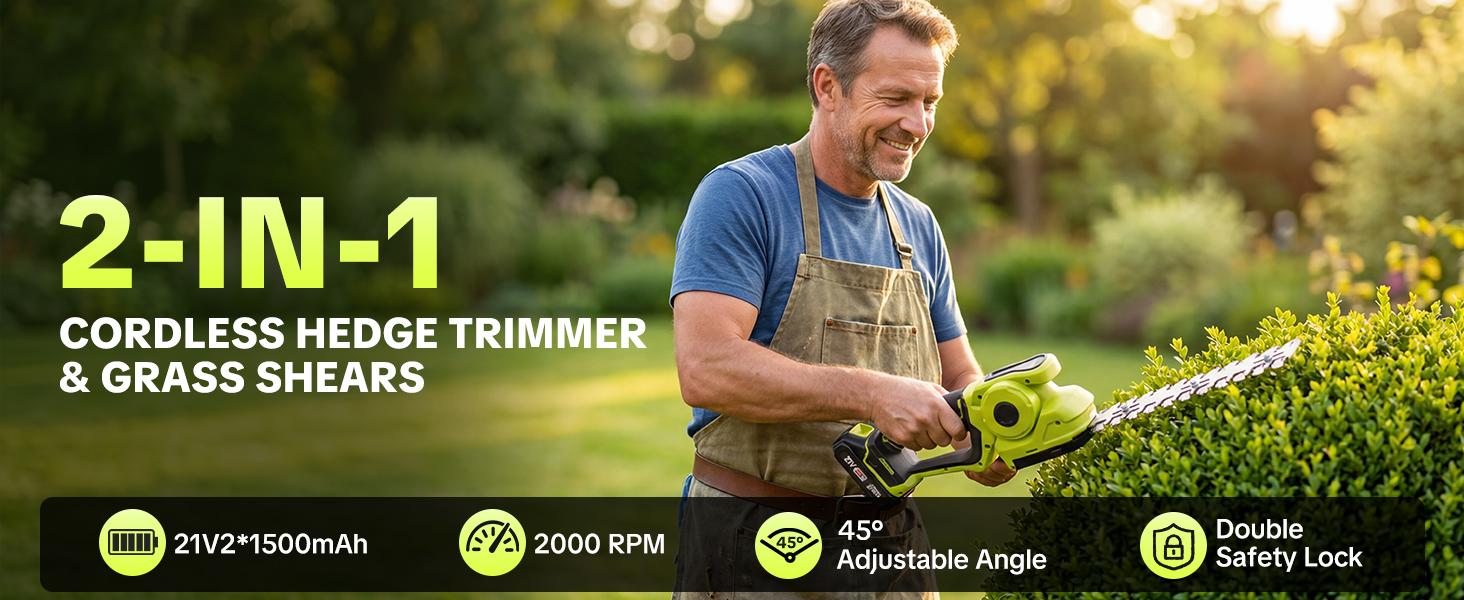 SEESE Cordless 2-in-1 Grass Shear & Shrub Trimmer, Handheld Electric Hedge Trimmer, 2*21V Batteries,Lightweight for Lawn Hedge Garden Yard Maintenance SEESE Cordless 2-in-1 Grass Shear & Shrub Trimmer, Handheld Electric Hedge Trimmer, 2*21V Batteries,Lightweight for Lawn Hedge Garden Yard Maintenance