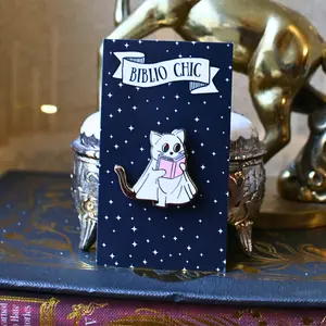 Cute Ghost Cat Reading a Book Hard Enamel Pin