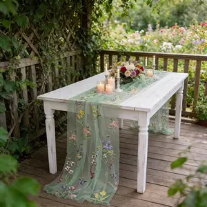 Mother's Day Gift, Farmhouse Embroidered Lace Floral Tablecloth, DIY Handmade Fabric Mesh Embroidery Table Runner, 56x108.7 Inch Wedding Banquet Decor