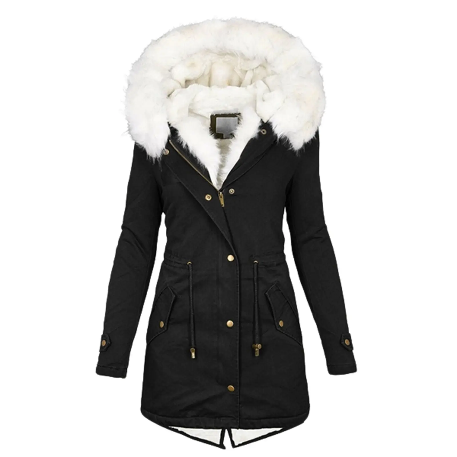 SCACTO 2025 Women'S Retro Faux Hooded Mid-Length Hunting Jacket, Cozy Winter Coat Featuring Golden Buttons And Pockets