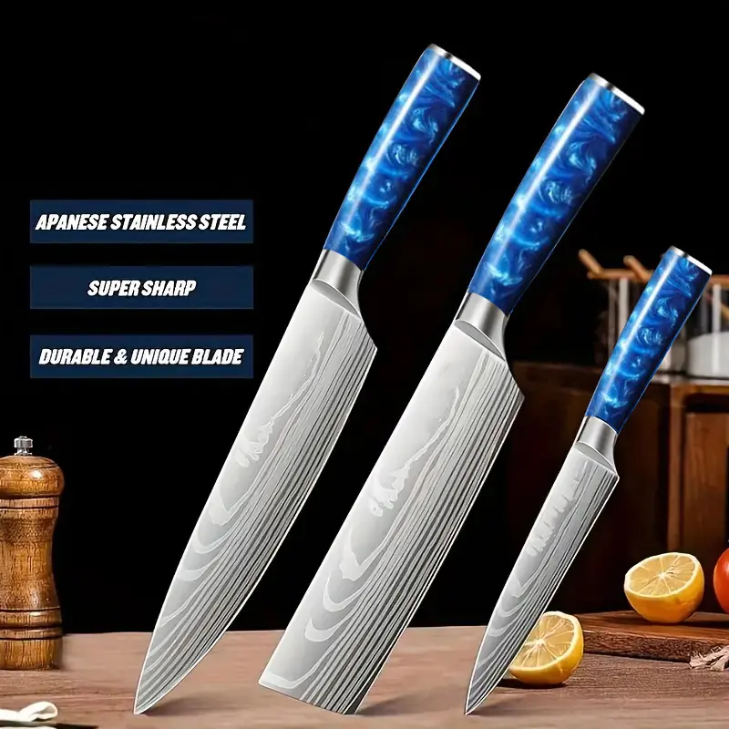 9pcs/3pcs/1pcs Professional Knife Set Multi-purpose Knife Ultra Sharp Blue Resin Handle Professional Chef Santoku Cleaver Kitchen Daisy Pattern Multi-Purpose Cutting Knife Portable Dragon and Phoenix Chef Knife Damascus Steel Multifunctional Knife