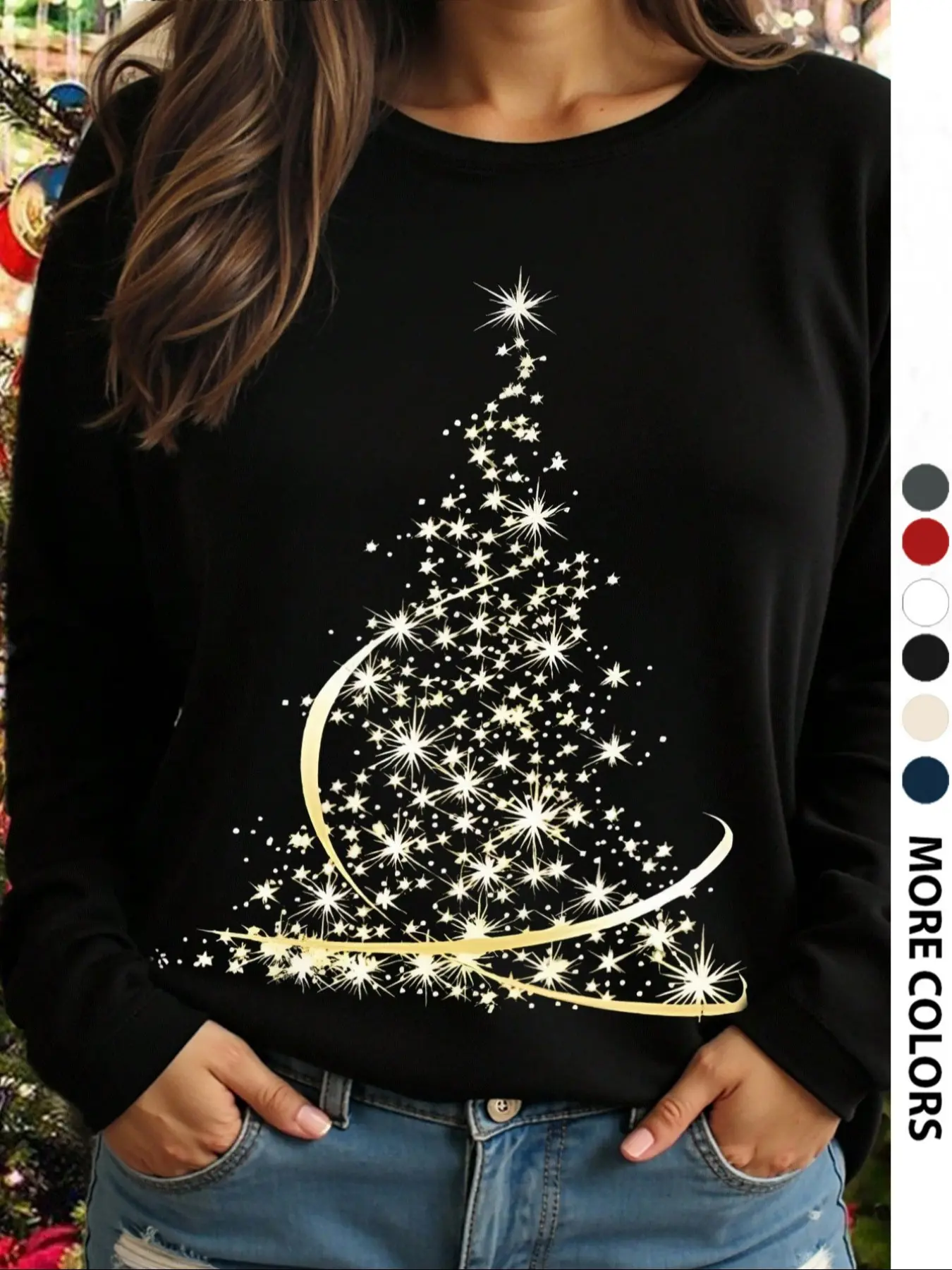 Women's Casual Long Sleeve T-Shirt, Christmas Glitter Tree Print, Four Seasons Wear, Fall Spring Winter Layering, Fashion Top