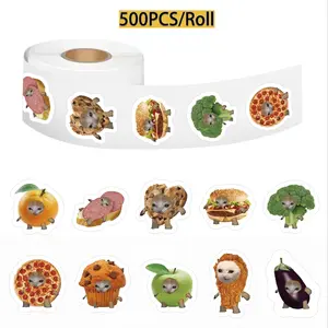 Cat & Food Pattern Sticker (500pcs/roll), Cute Decorative Sticker for DIY Scrapbook, Journal, Gift Wrapping, Greeting Card, Funny Stickers