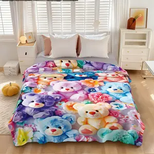 1 piece of colorful teddy bear printed blanket colorful flowers cartoon printed flannel material simple wind blanket is skin-friendly and soft, machine washable suitable for office and home, suitable for all seasons, sofa blanket, bed blanket