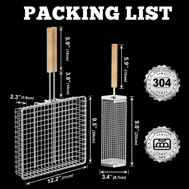Product Introduction of Ivtivfu Grill Basket Set 2PCS with Removable Beech Wood Handle 304 Stainless Steel Heavy Duty Rectangular & Hexagon BBQ Tools for Vegetable Shrimp Outdoor Camping Kitchen Barbecue Cooking Gifts for Men Dad Husband - Utensils Cover 0