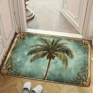 Tropical Retro Palm Tree Bath Mat Teal Background Eco Friendly Skin Friendly Ultra Soft Flannel Floor Rug Premium Non Slip Durable Absorbent Decorative Doormat For Bathroom Bedroom Living Room Kitchen Balcony Entryway Indoor Home Decor set