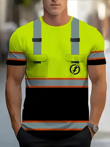 Men's Casual Fashion Short-Sleeve Tees, Breathable Mesh Fabric, Fluorescent Yellow Lightning Logo Workwear Print Design, Multi-Pocket Two-Tone Style, Versatile for Construction, Electrical Repair & Job Site, Safety Protective Work Tee