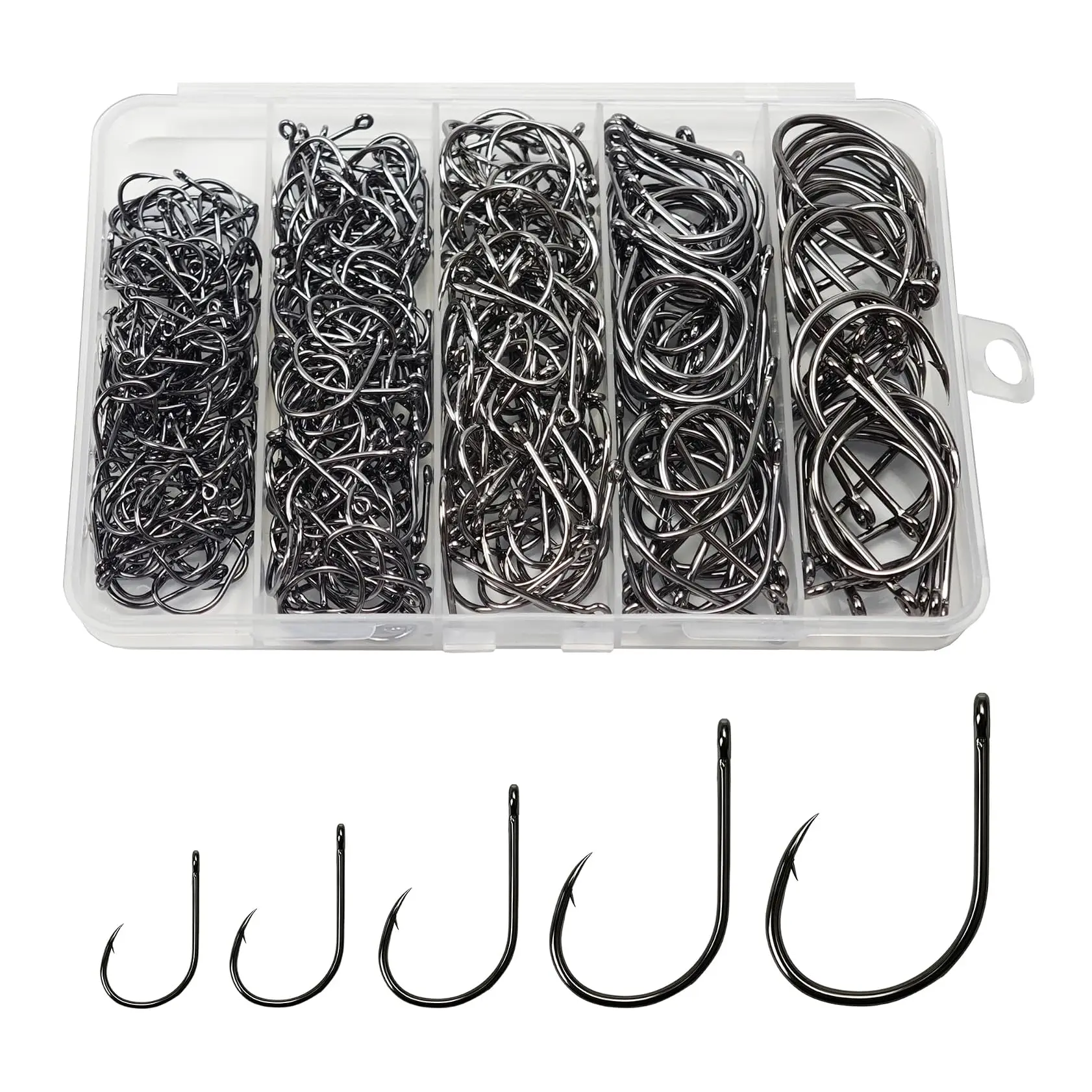125Pcs Silver Fishing Hooks Assortment Kit, 5 Sizes #6 #8 #10 #14 #15 Fishing Hooks
