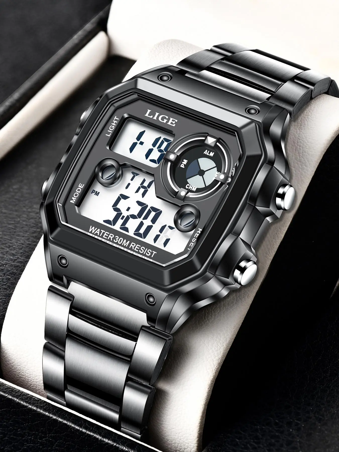 1 Piece Men's Digital Watch With Stainless Steel Band With Box For Daily, Business, Work
