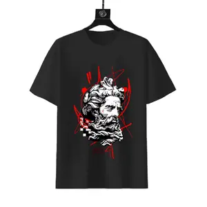 Zeus Ancient Sculpture Graffiti Art Graphic T-shirt, 180g Cotton High Street Tee, Red Scribble & Checkerboard Accent Print Short Sleeve Shirt