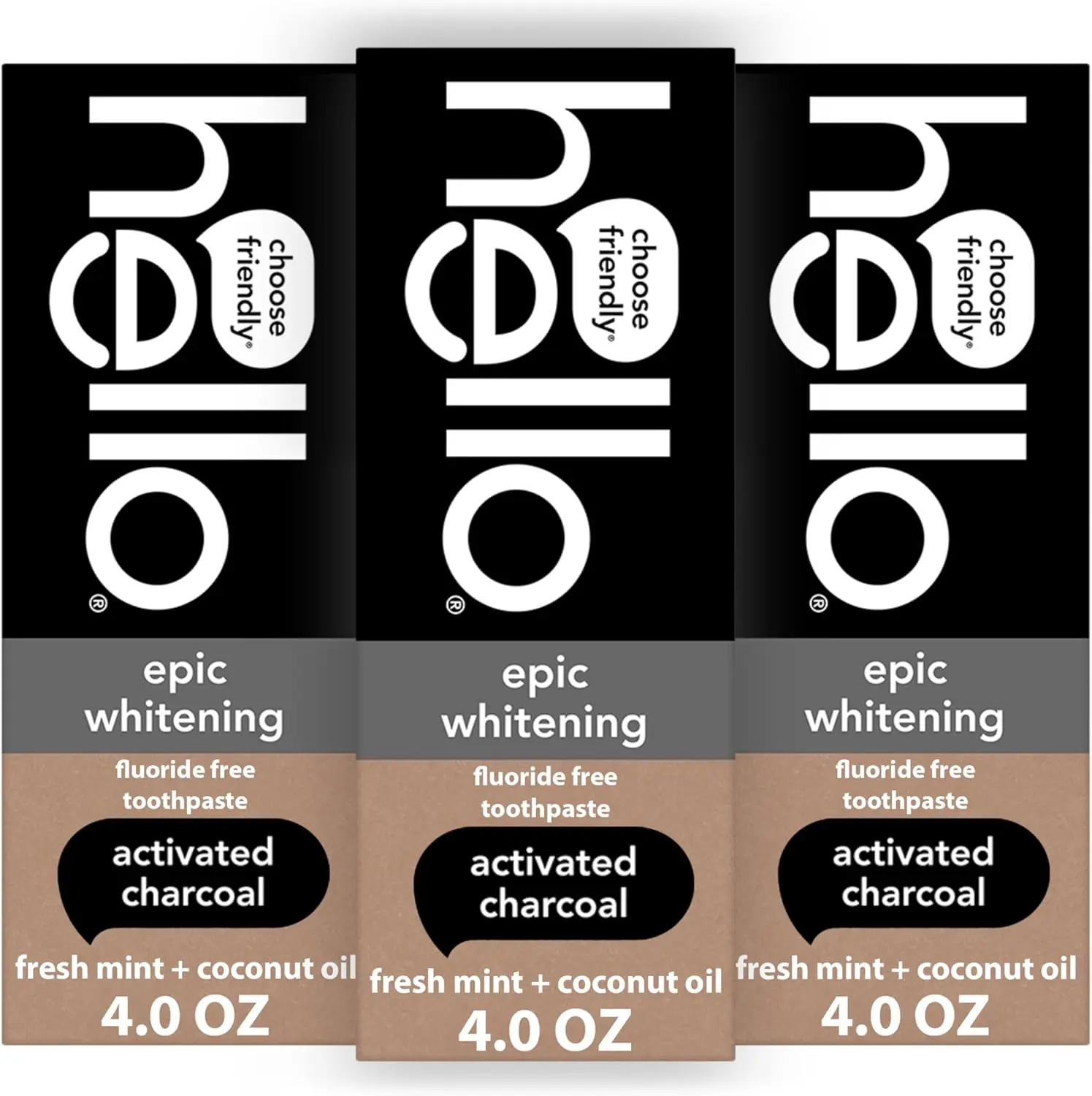 hello Epic Whitening Charcoal Fluoride Free Toothpaste, Activated Charcoal Toothpaste with Coconut Oil, Whitens Teeth Naturally, SLS Free, Fresh Mint, 3 Pack, 4.0 Oz Tubes