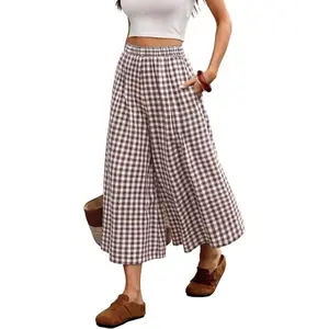ELLEVEN Women’s Cotton Linen Gingham Pants, Elastic Waist Flowy Wide Leg Plaid Capris Palazzo Trousers
