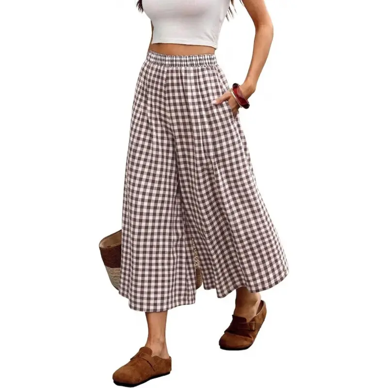 ELLEVEN Women’s Cotton Linen Gingham Pants, Elastic Waist Flowy Wide Leg Plaid Capris Palazzo Trousers
