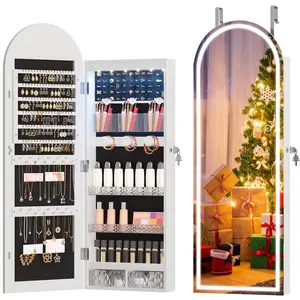 Arched Lighted Mirror Jewelry Cabinet, Wall/Door Mount Jewelry Armoire Organizer With Lights, Full Length Mirror With Jewelry Storage, Over The Door Hanging Jewelry Cabinet
