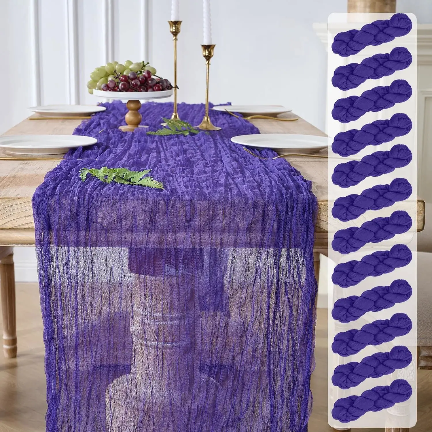 12-Pack Fray-Free Edge Purple Cheesecloth Table Runner Set, Washable Reusable Gauze Texture Home Decor Accessories, 10ft Length (28" W x 120" L) Durable Gauze Linens for Wedding, Anniversary