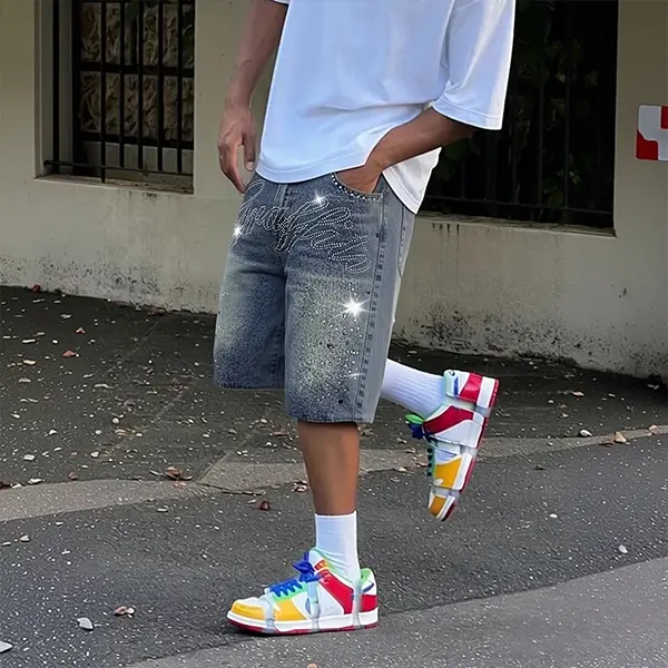 Men's Rhinestone Splatter Denim Shorts - Relaxed-Fit Mid-Length Streetwear, Menswear with Glitter Letter Design for Hip-Hop Vibe