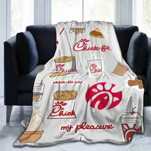 Chick-fil-A Themed Ultra-Soft Flannel Blanket – Cozy All-Season Throw with Iconic Food Illustrations, Perfect for Home, Office, Sofa, or Travel – Ideal Gift for Fans of the Popular Restaurant, Cozy Home Accessory Playful Design Decorative Blanket-280GSM