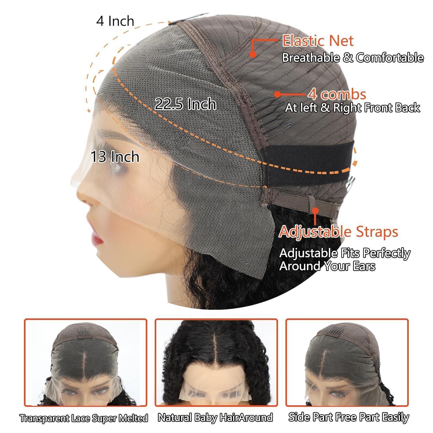 360 Lace Front Wigs Human Hair Hidden Strap Deep Wave Lace Frontal Wig Pre Plucked Drawstring Wig Human Hair 180 Density HD Full Lace Front 360 Glueless Wigs for Women