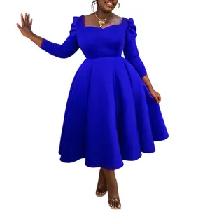 Spring Summer Clothes Fashionable Pure Color High Waist A- Line Dress African Style Square Neck Long Sleeve Midi Dress Elegant Commute Dress for Women