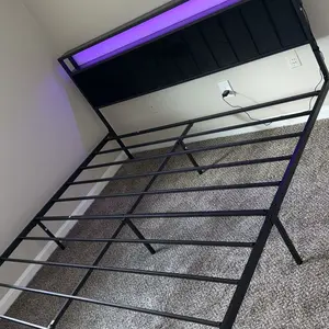[SummerSale] AMERLIFE Bed Frame with LED Light and 2 Storage Drawers, Metal Platform Bed with Storage Headboard, Velvet Upholstered, Heavy-Duty Slats, No Box Spring Needed, Easy Assembly