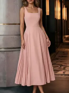 ZANZEA Women's Casual Chic Sleeveless Dress with Back Straps, Square Neck Pleated A-Line Skirt, Pressed Pleats Design, Perfect for Daily Womenswear Fit