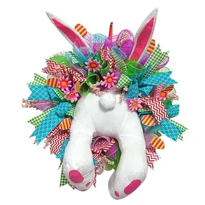 Easter Door Wreath with Rabbit Butt Ears Decoration, Easter Bunny Flower Ring Front Door Decor, 1 Pack Holiday Ornament, Faux Flower Wreath