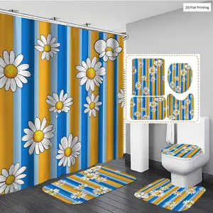 1/3/4PCS Blue and Yellow Striped with Daisy Patterns Shower Curtain Set with Rugs, Non Slip Bath Mat, U-Shape Carpet, Toilet Lid Cover, Polyester Fabric Bathtub Curtain Accessories, 12 Hooks, Home Bathroom Fest
