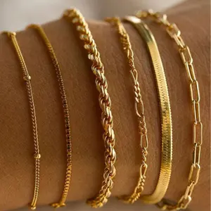 6pcs/Set Unisex Metal Snake Chain, Paper Clip Chain, Curb Chain, Round Bead Chain Bracelet Accessories