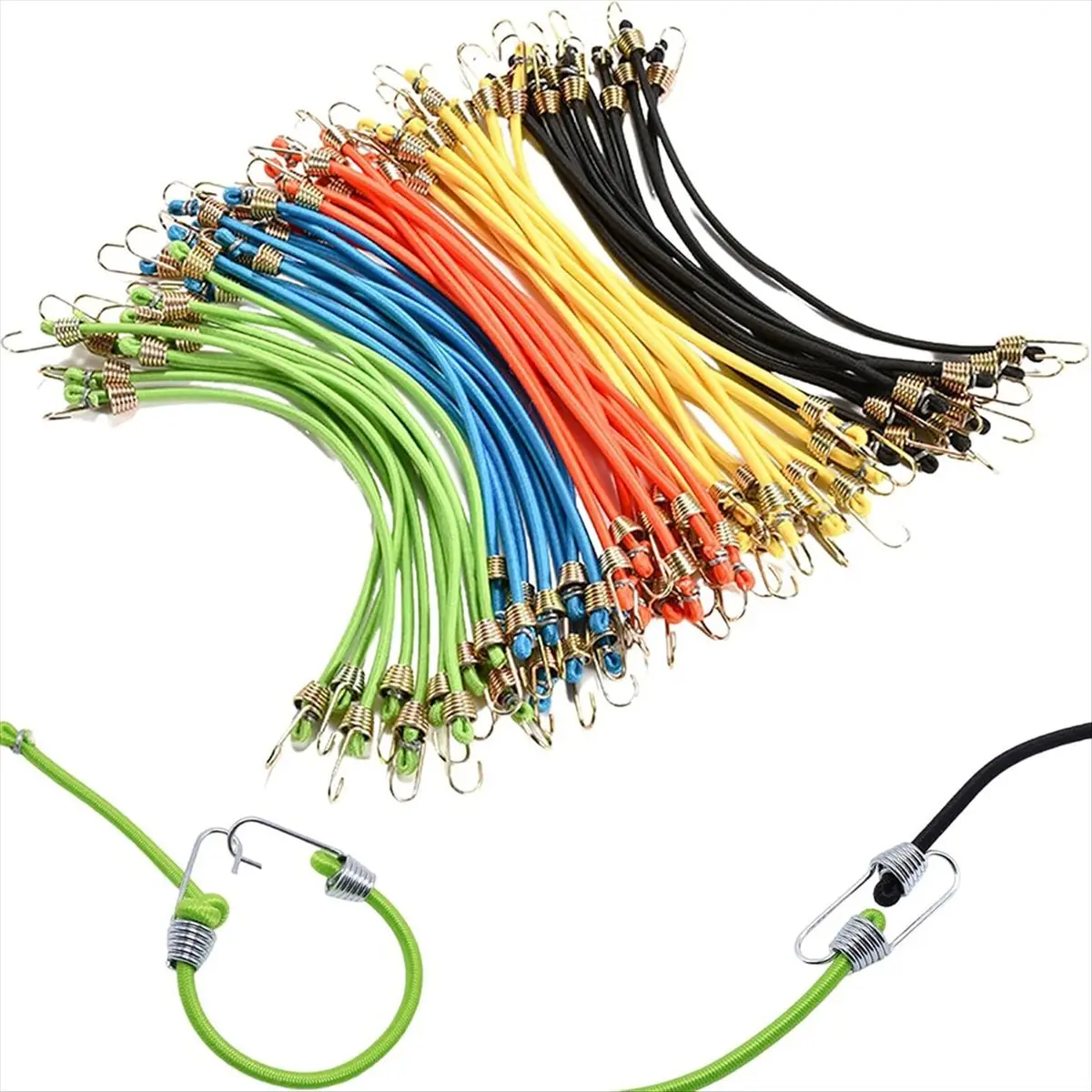 12-Pack Mini Sized High Tension Small Bungee Cords with Hooks - Adjustable Hanging Ropes, Rubber Elastic Tools with Twice-Stretch Hold for Camping, Bicycle, Luggage Roof Rack, Assortment of 2 Blue, 4 Bright Colors, 6 Black