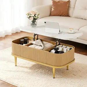 Lift Top Coffee Table for Living Room, Modern Oak Fluted Coffee Table with Hidden Storage, Rectangle Center Table with Faux Marble Flip-Top, Small Dining Table for Home, Office
