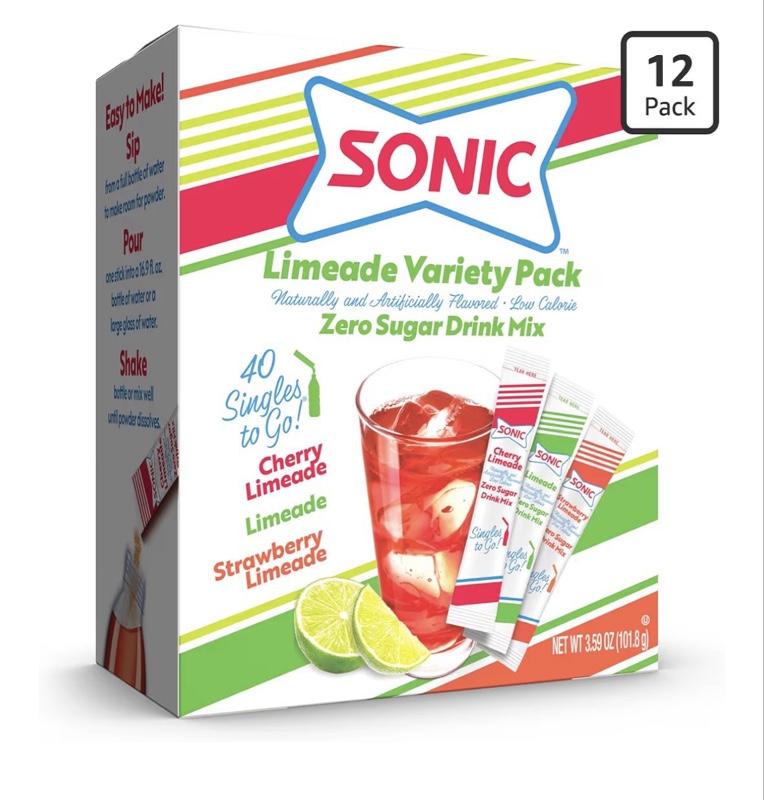 Sonic Singles To Go Limeade Variety Pack, Watertok Powdered Drink Mix, Includes 3 Flavors, Limeade, Cherry and Strawberry 1 Box (40 Servings)