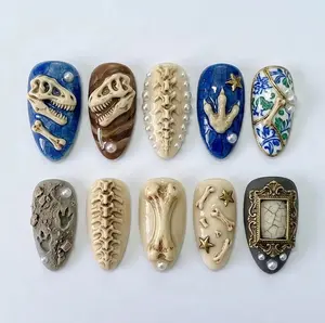 Handmade 3D Dinosaur Fossil Press On Nails, T-Rex Skull Art with Blue Cracked Glaze, Lightweight & Glossy Full Cover Set for Any Occasion