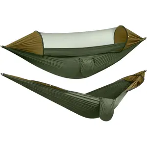 Large Camping Hammock with Mosquito Net 2 Person Pop-up Parachute Lightweight Hanging Hammocks Tree Straps Swing Hammock Bed for Outdoor Backpacking Backyard Hiking