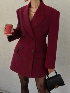 Elegant Business Women's Long Coat, Button Polo Neck Pocket Waist Cinching, Warm Office Commute Jacket, Daily Wear