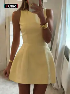 Simple Fashion Sleeveless Round Neck Waist Cinched Dress, Casual Fitted Plain Design, Perfect for Dating and Vacation Wear