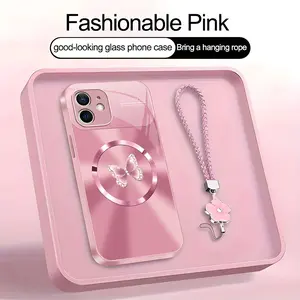 Suitable for [iPhone 12 Mini] high-end MagSafe phone case，Includes a complimentary four-leaf clover lanyard and magnetic ring.A crystal-clear butterfly print pattern.YM99