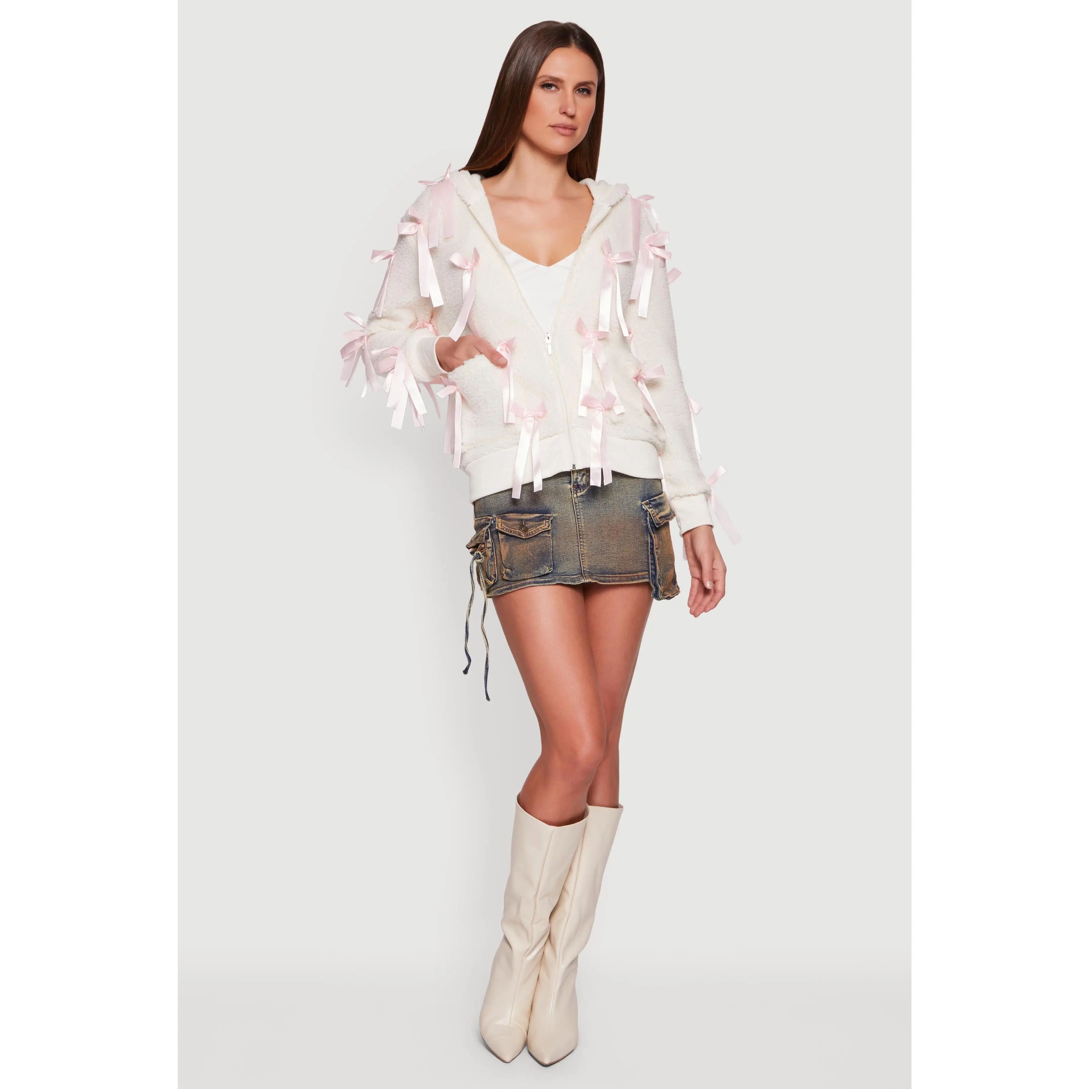 Sherpa Hooded Zip Front Bow Jacket