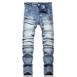 XIMXIMMTIAN Men Slim Fit Jeans  Distressed Multiple Pockets Designer Street Fashion Straight Stretch Water Washed Motorcycle Zipper Biker Blue Denim Pants