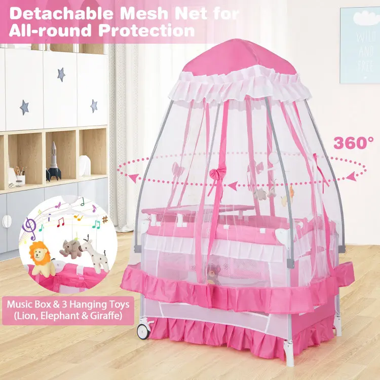 Casavo 4-in-1 Portable Baby Playard with High Mosquito Net Infant Bassinet Diaper Changing Table Music Box and Travel Bag for Newborn Toddler