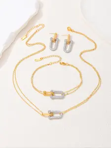 Stainless Steel Jewelry Set with Rhinestones, U-Shaped Clasp Necklace Bracelet Earrings, Casual Style for All Seasons, Trendy Jewelry Set