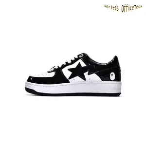 Glossy Patent Leather Black White Star Detail Low Top Skate Trainers Two Tone Color Block Streetwear Sneakers for All Season Daily Wear