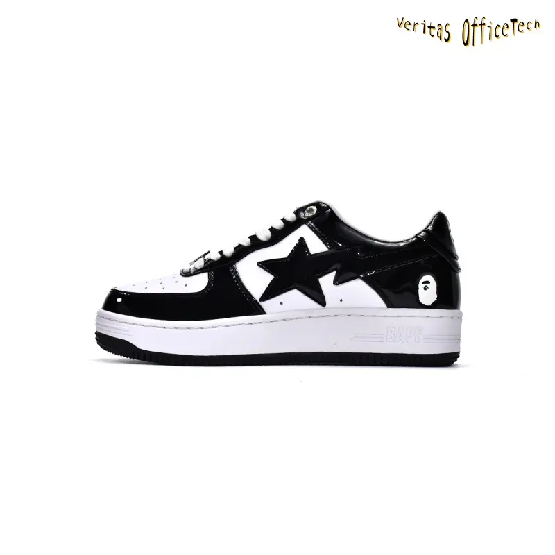 Glossy Patent Leather Black White Star Detail Low Top Skate Trainers Two Tone Color Block Streetwear Sneakers for All Season Daily Wear