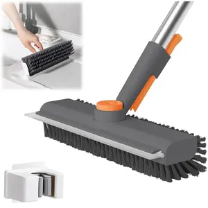 Floor Scrub Brush with Long Handle Length Adjustable, 3 in 1 Heavy-Duty Stiff 90° Bristle Floor Scrubber Broom with Squeegee, Cleaning Brush for Bathroom, Garage, Kitchen, Tile, Deck & Patio (Gray)