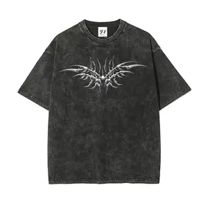 [Printed Design – Not Textured]Y2K Cyber Sigilism Graphic T-Shirt Acid Wash Vintage Grey Cotton Tee Oversized Tribal Chrome Design Gothic Grunge Style Streetwear Heavyweight Top For Me